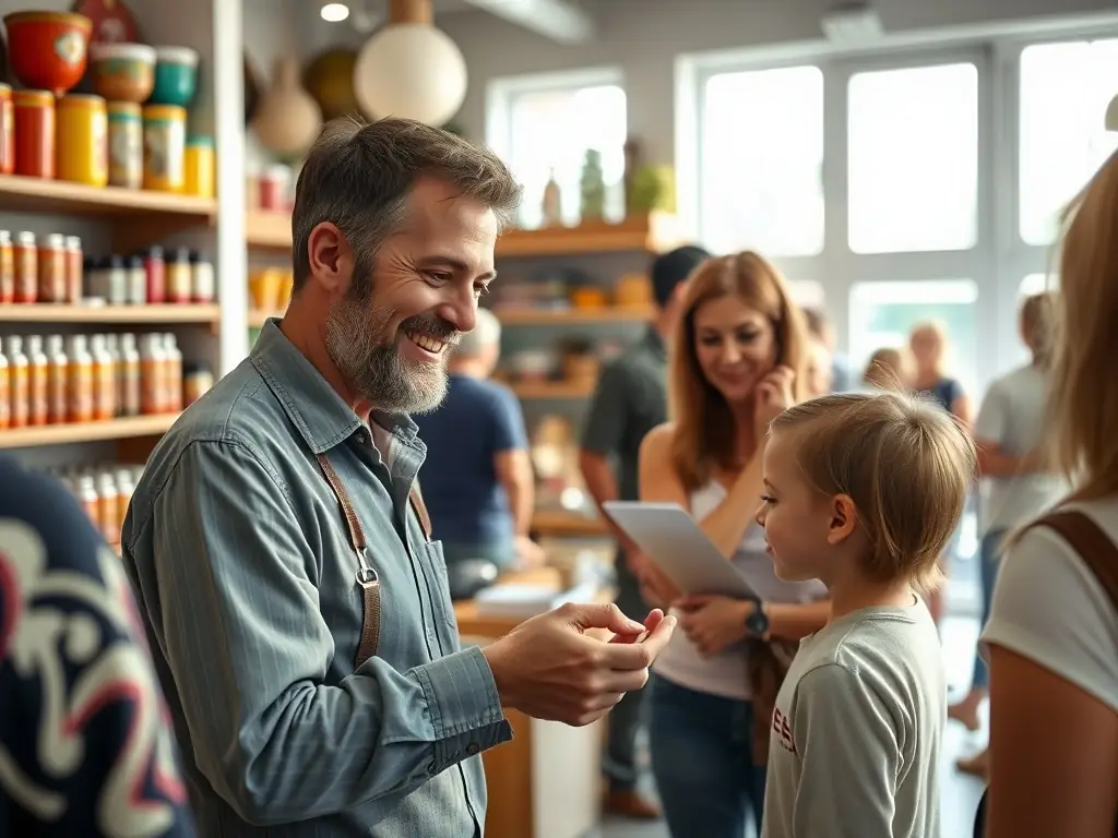 A vibrant image showcasing a business owner happily interacting with customers in their store, symbolizing increased foot traffic and sales resulting from improved online visibility through YellowRock's services.