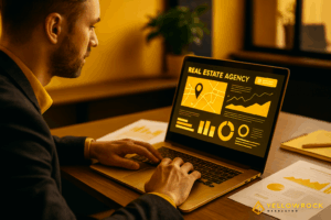 Agente inmobiliario con camisa amarilla y traje gris revisando datos de visibilidad en Google Maps y gráficos de SEO en un portátil dorado en una oficina moderna.