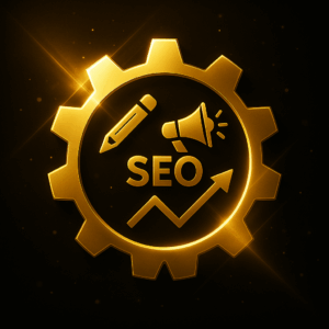 Gráfico de un engranaje dorado con iconos de lápiz, megáfono, texto “SEO” y flecha ascendente sobre fondo negro con destellos y partículas doradas.