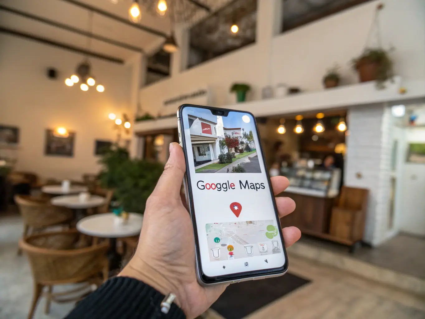 An image of a smartphone displaying a Google Maps listing with a prominent local business highlighted, indicating the effectiveness of local targeting in Google Ads.