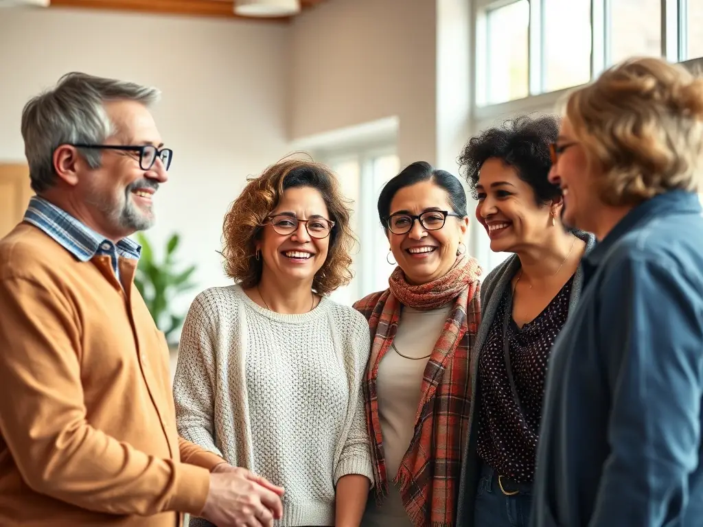 An image featuring a diverse group of people happily interacting in a local business setting, representing the influx of new customers attracted through targeted Google Ads campaigns.