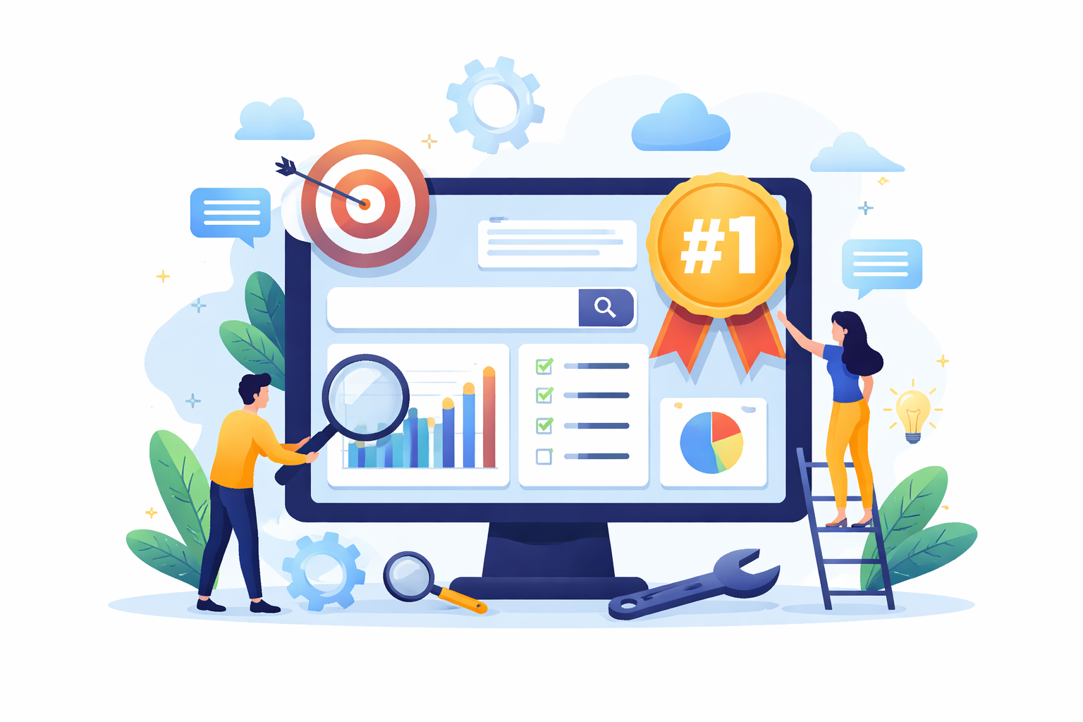 Ilustración de optimización SEO on-page con análisis de datos, posicionamiento web y estrategia digital