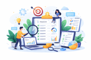 Ilustración conceptual de investigación de palabras clave y análisis SEO para mejorar el posicionamiento en Google