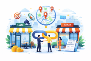 Ilustración de link building local entre negocios de barrio con alianzas comerciales y posicionamiento en Google