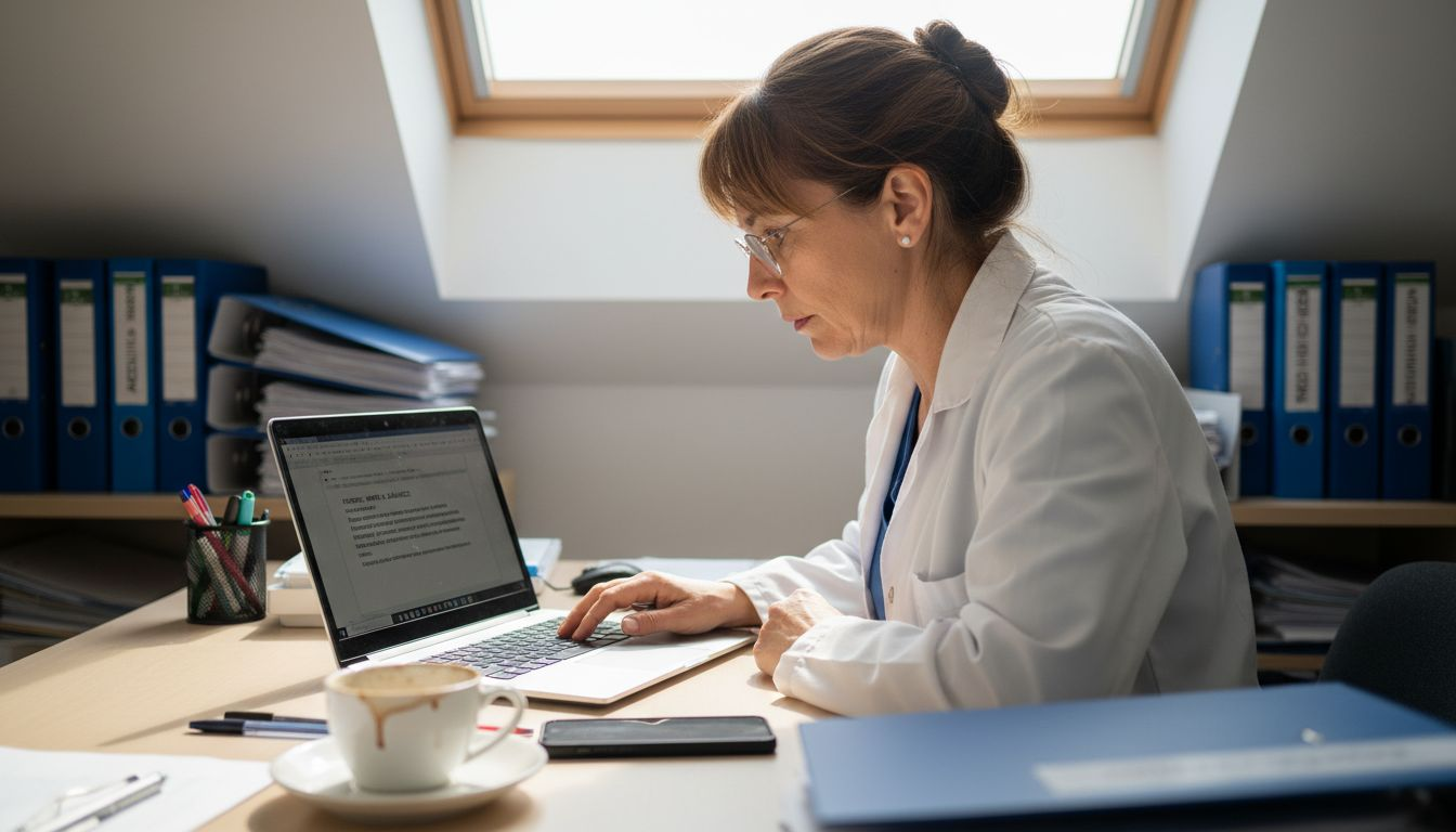 Una doctora consulta datos médicos en su ordenador dentro de la clínica.