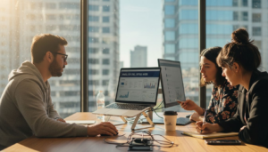 Un equipo se reúne en la oficina para definir juntos la estrategia de marketing digital.