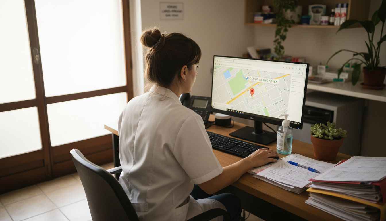 La recepcionista de la clínica administra la información de la clínica en Google Maps desde el ordenador.