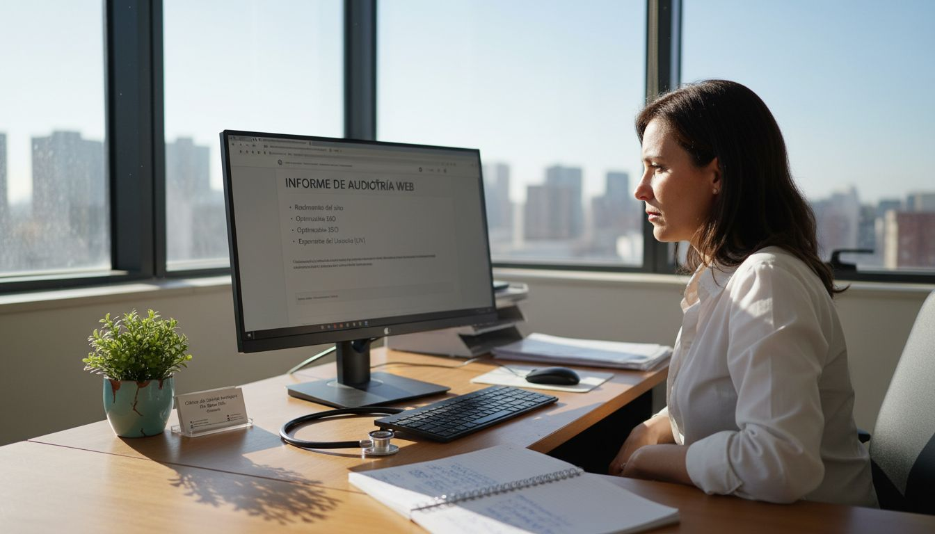 El gerente de la clínica revisa las estrategias de posicionamiento web en su despacho.