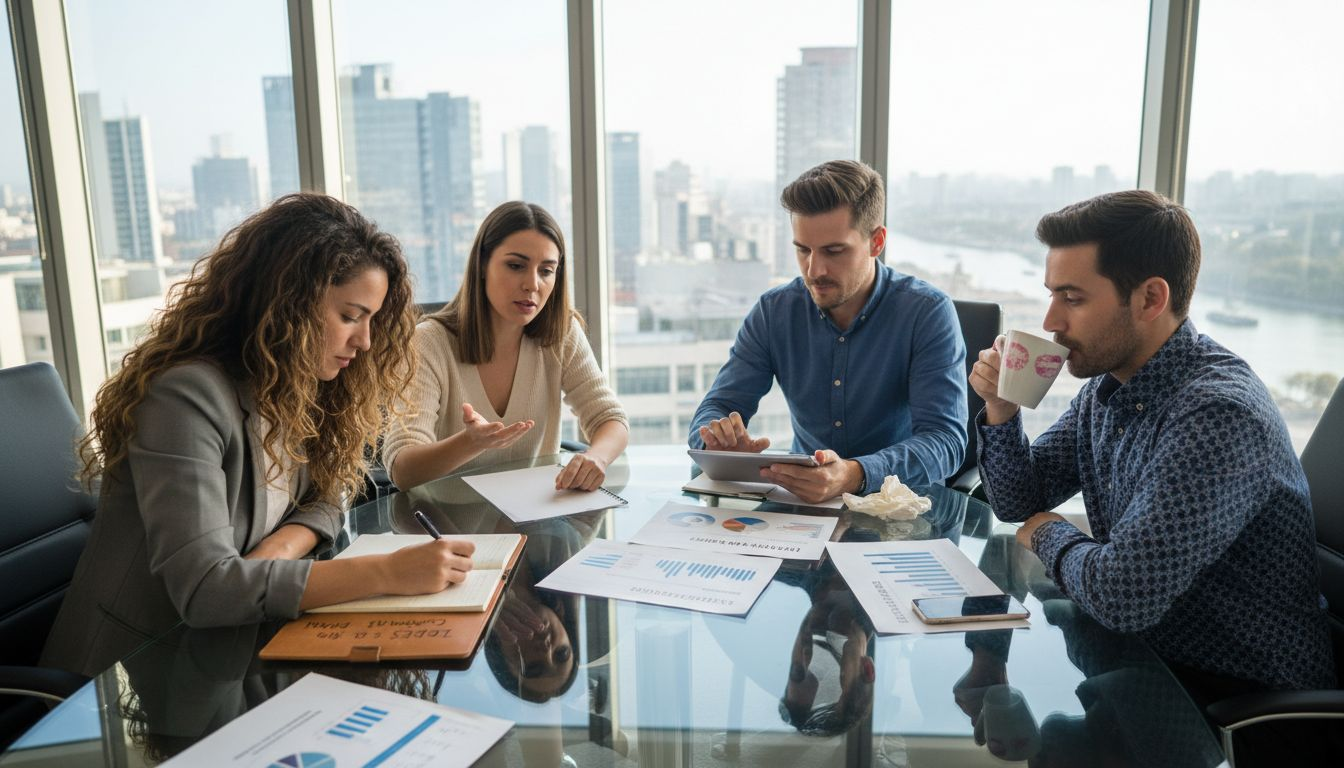 El equipo de marketing trabajando en conjunto durante una reunión en una oficina acristalada.