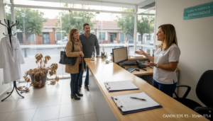 Recepcionista dando la bienvenida y gestionando el ingreso de pacientes nuevos en la clínica