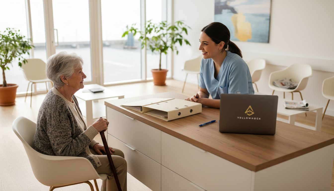 Mostrador de una clínica europea, con la recepcionista atendiendo a un paciente
