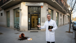 Un médico saluda a las puertas de una clínica en la ciudad.