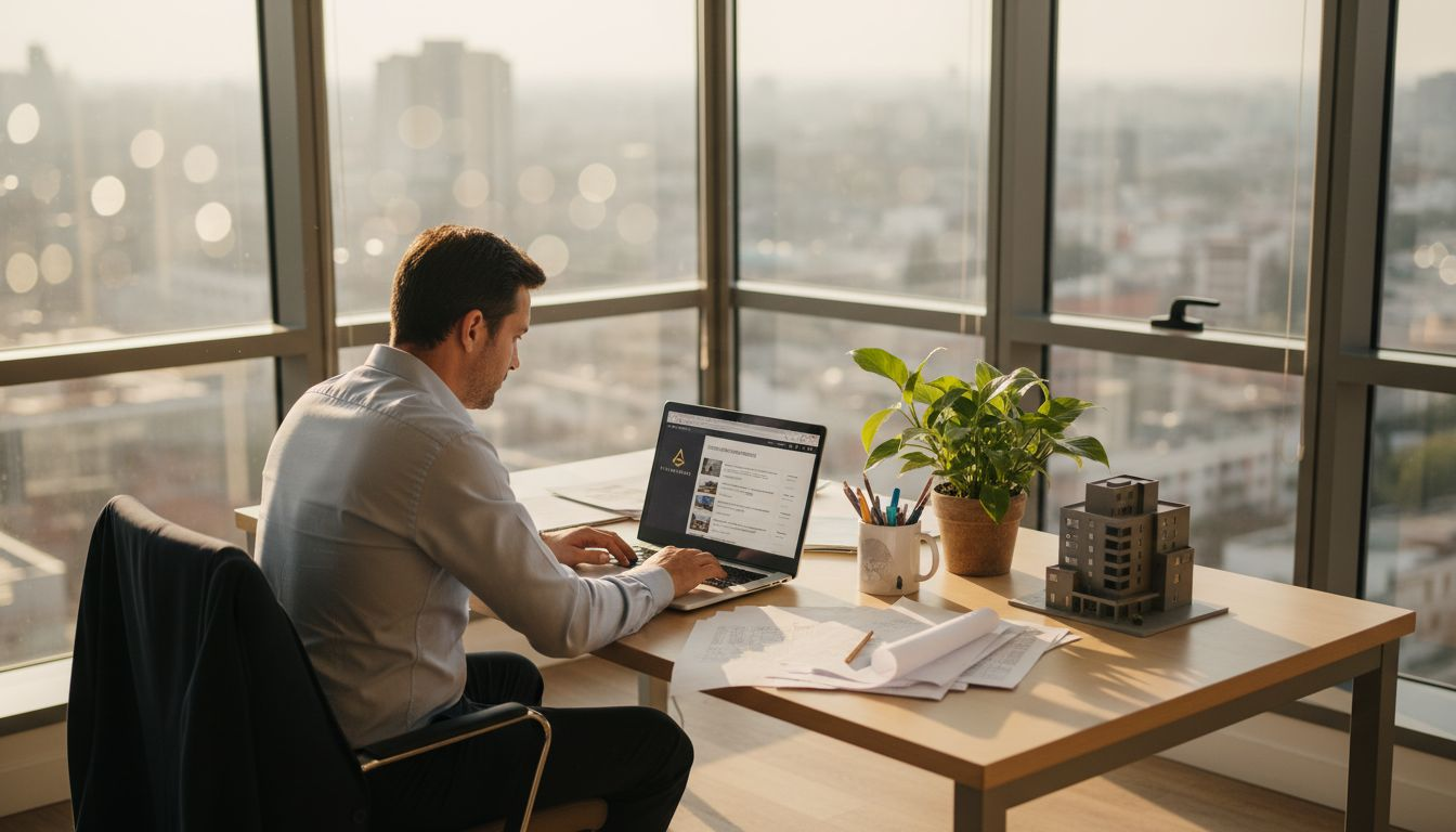 Un asesor inmobiliario revisa información en su ordenador mientras trabaja en la oficina.