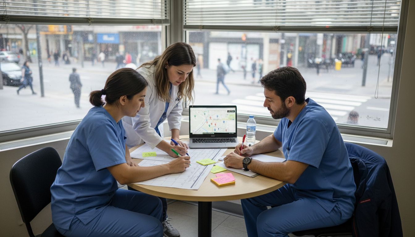 El equipo de la clínica organiza su estrategia de marketing utilizando un portátil y una agenda.