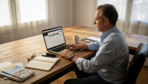 El director del hotel revisa las reservas desde su despacho.