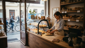 Dueña de una pastelería en Budapest acomodando cuidadosamente los dulces en el mostrador.