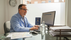 El doctor está actualizando la información de la clínica en el ordenador.