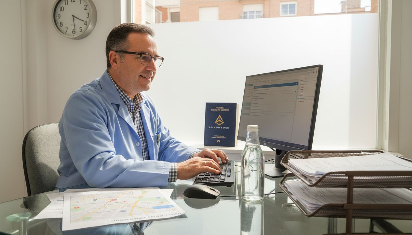 El doctor está actualizando la información de la clínica en el ordenador.