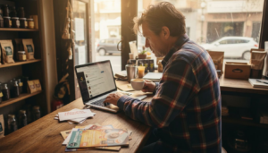 El dueño de la tienda aprovecha un momento en el mostrador para actualizar el perfil de su negocio en internet.