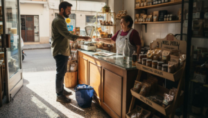 Hombre haciendo sus compras en la tienda del barrio