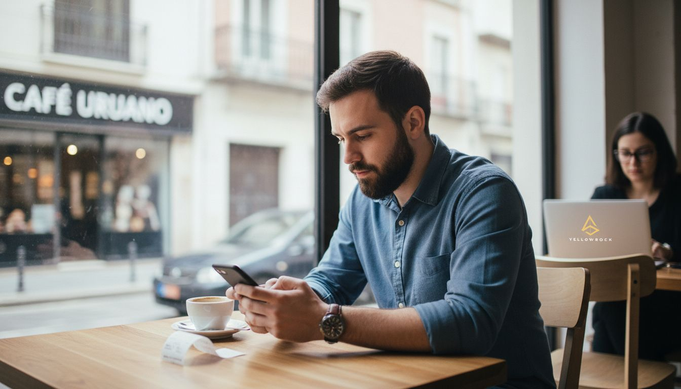 Un cliente consulta opiniones en línea mientras disfruta de su café en una cafetería moderna.