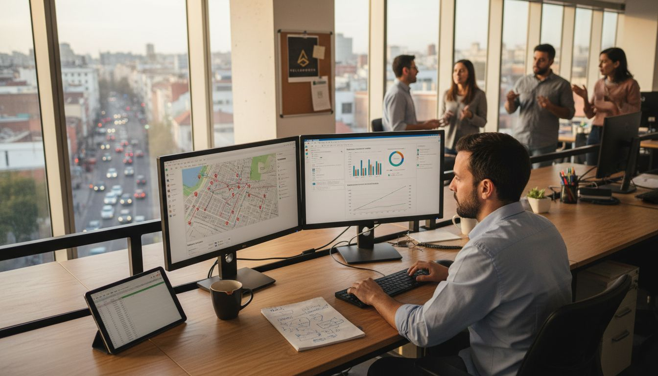 Profesional analizando y comparando resultados de posicionamiento local en su escritorio, rodeado del ajetreo típico de una oficina.