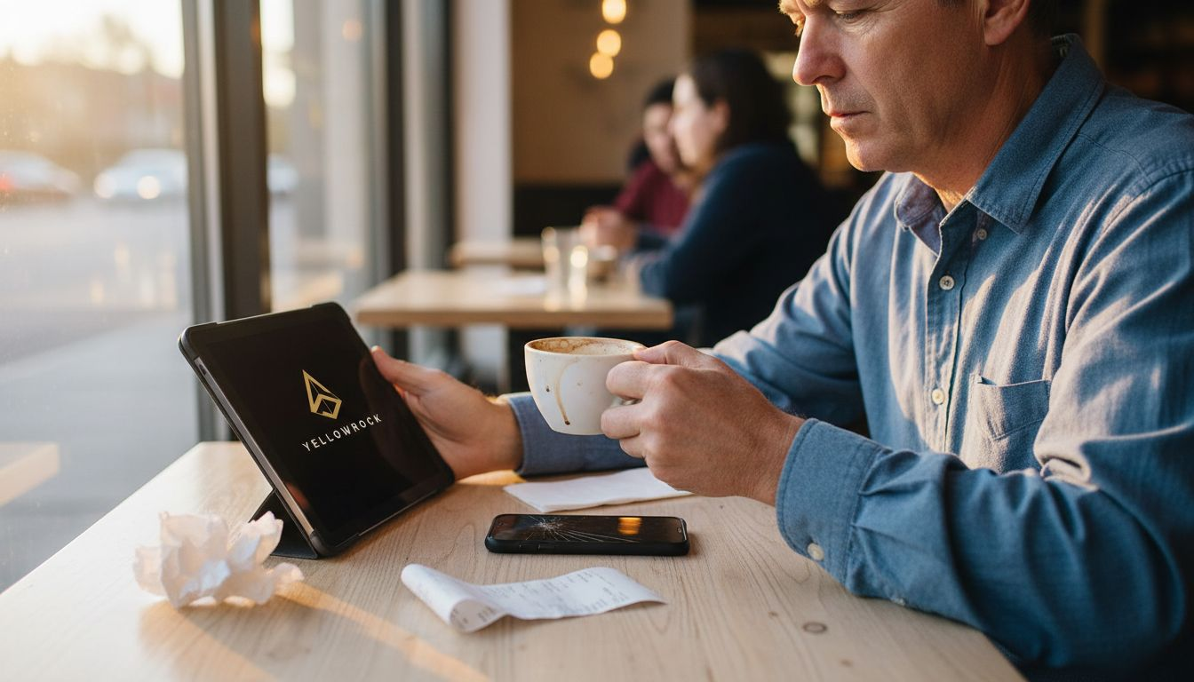 Empresario consultando su tablet mientras disfruta de un café