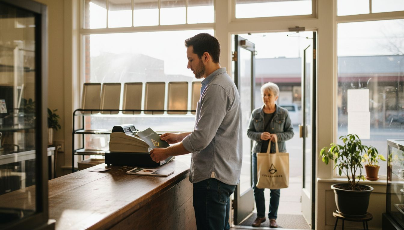 Propietario de cafetería preparando ofertas especiales para atraer a los vecinos