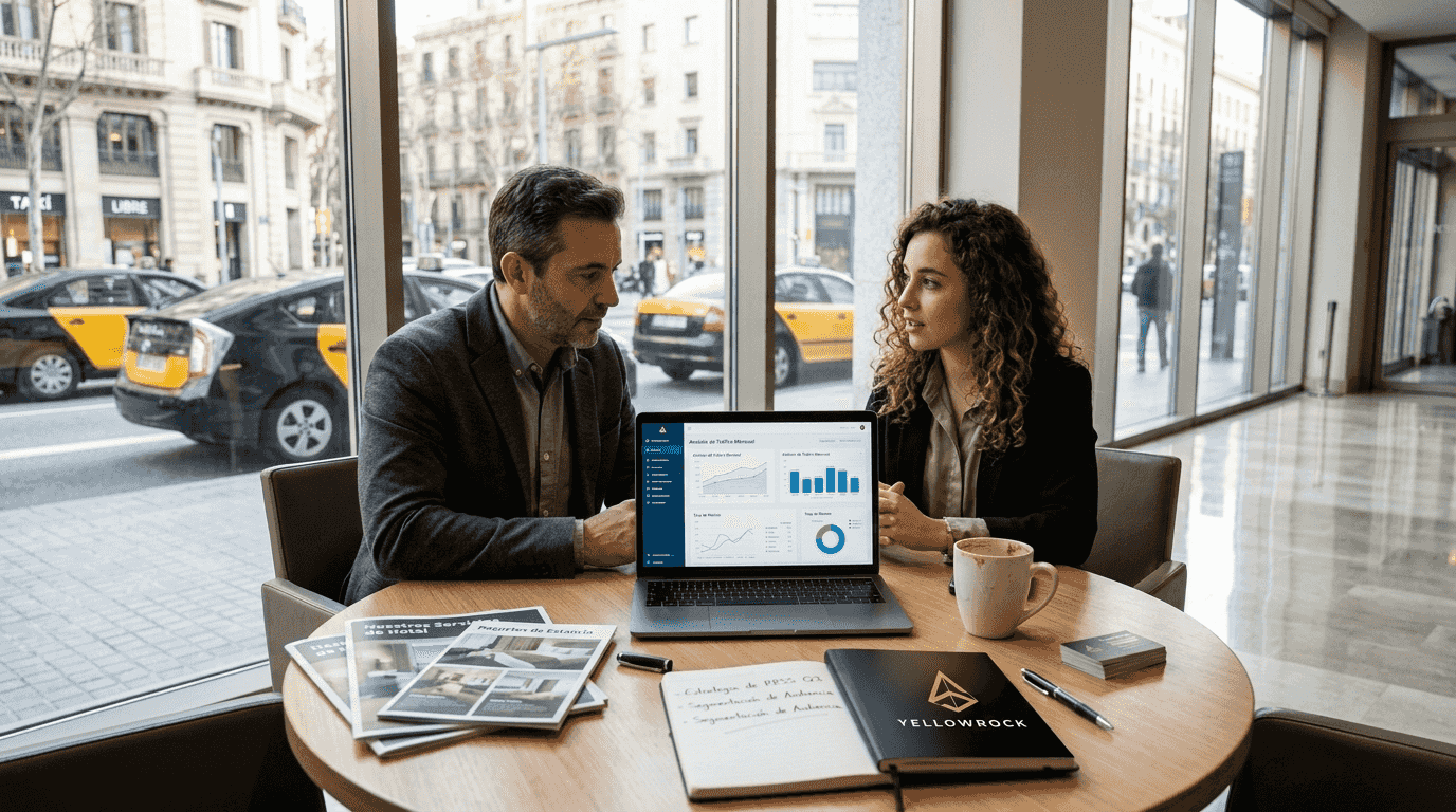 El gerente y el consultor analizan juntos los resultados de marketing del hotel para tomar mejores decisiones.