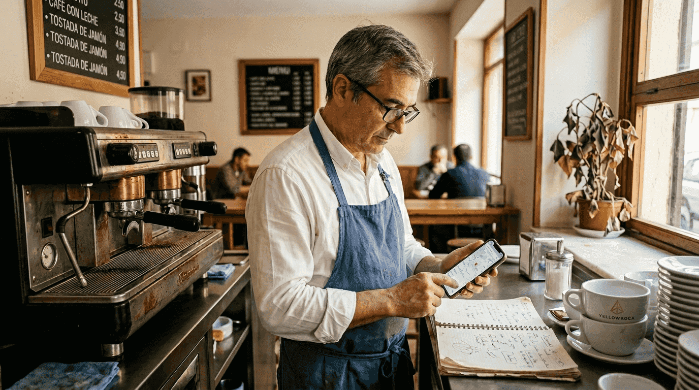 El propietario de la cafetería consulta Google Maps apoyado en la barra