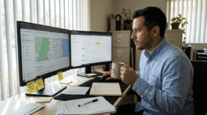 Profesional analizando la estrategia de SEO local en una oficina pequeña