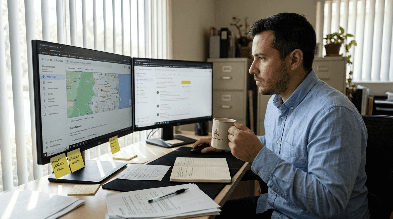 Profesional analizando la estrategia de SEO local en una oficina pequeña