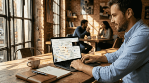 Propietario de un negocio consultando Google Maps en su portátil