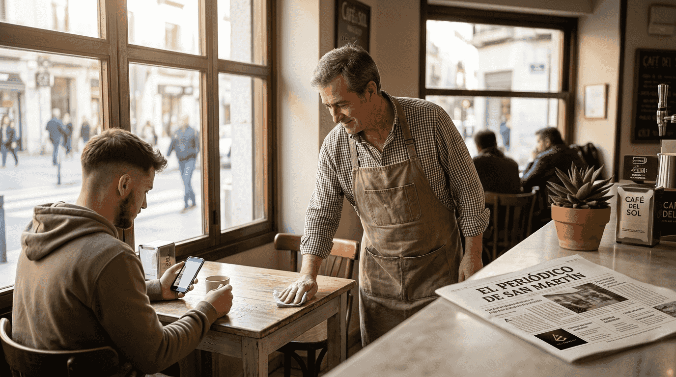 Propietario de una cafetería atendiendo personalmente a un cliente habitual.