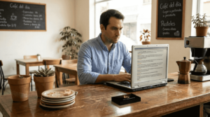 Propietario de cafetería revisando las opiniones de los clientes en Internet