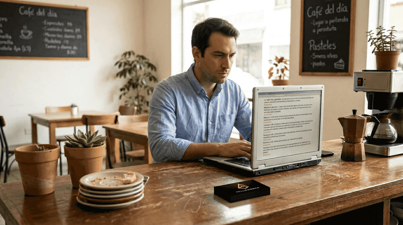 Propietario de cafetería revisando las opiniones de los clientes en Internet