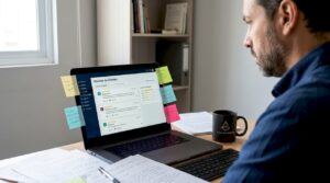 Dueño de negocio repasando opiniones de clientes en su pequeña oficina