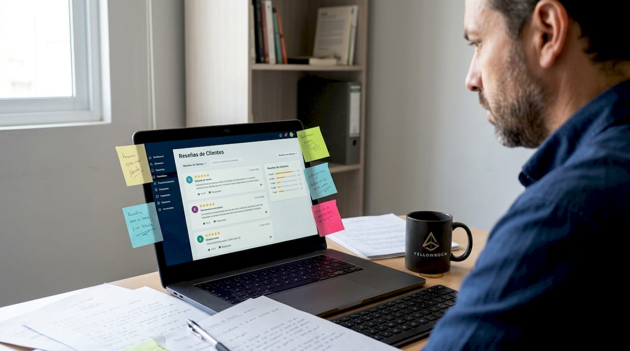 Dueño de negocio repasando opiniones de clientes en su pequeña oficina