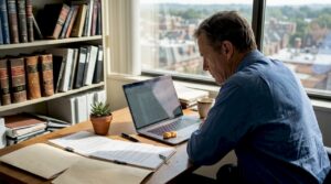 Un abogado analiza la estrategia de posicionamiento web de su despacho para mejorar su presencia online.