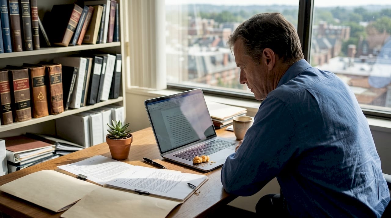 Un abogado analiza la estrategia de posicionamiento web de su despacho para mejorar su presencia online.