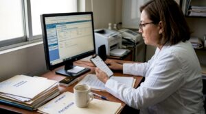 Doctora buscando información en Google desde su consulta