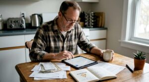 El dueño revisa el perfil de la empresa mientras está en la cocina.