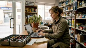 La dueña de la tienda revisa su portátil detrás del mostrador.