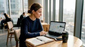 Una empresaria consulta su perfil de Google mientras disfruta de un café en una cafetería.