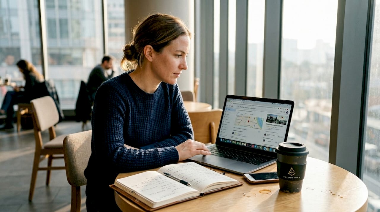 Una empresaria consulta su perfil de Google mientras disfruta de un café en una cafetería.