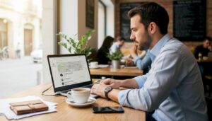 Empresario consultando rutas en Google Maps mientras toma un café