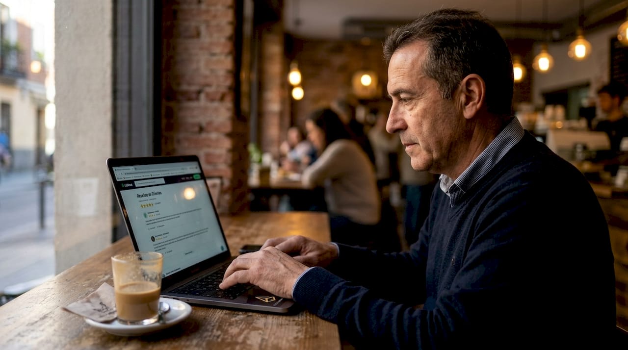 Propietario de la cafetería revisando las opiniones de los clientes en internet