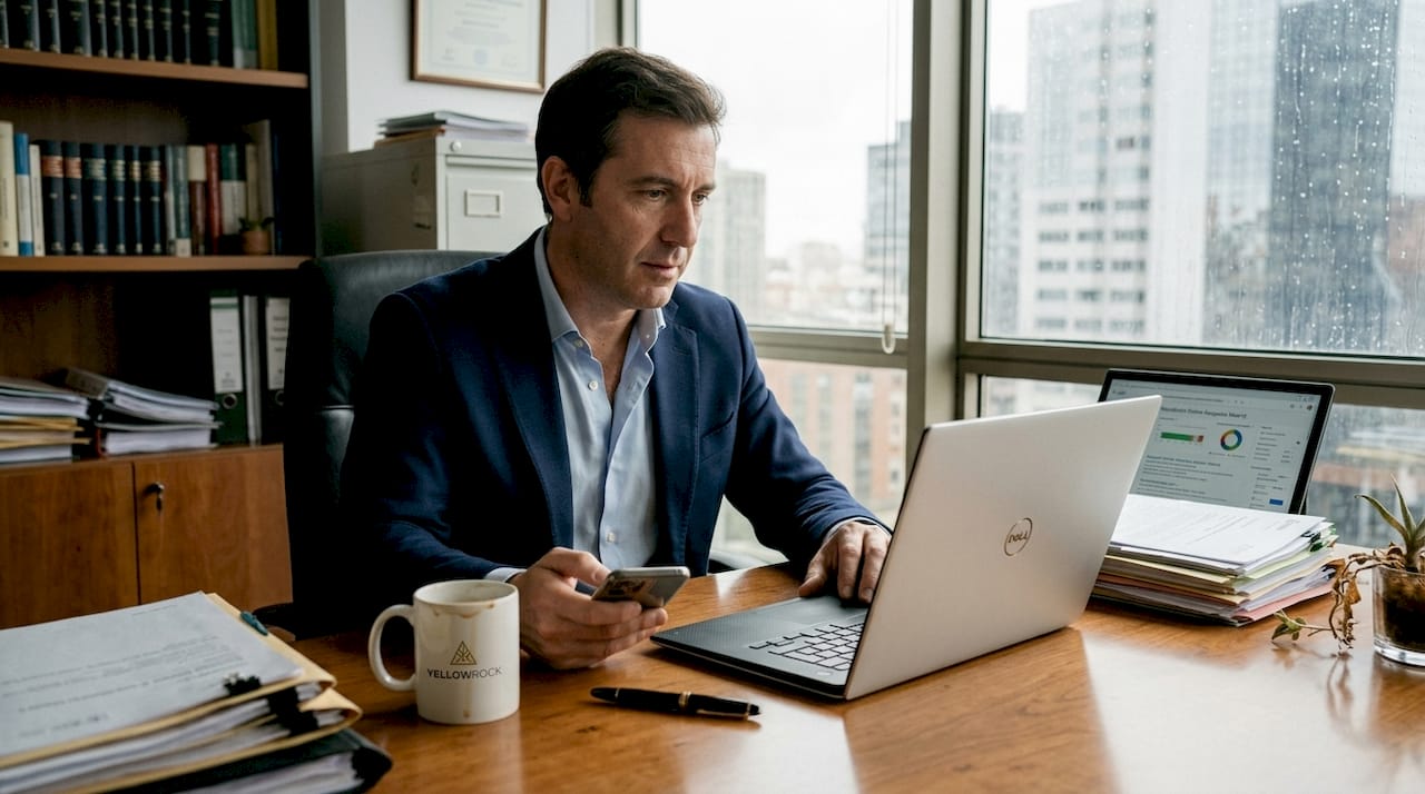 Abogado analizando su reputación digital en el despacho