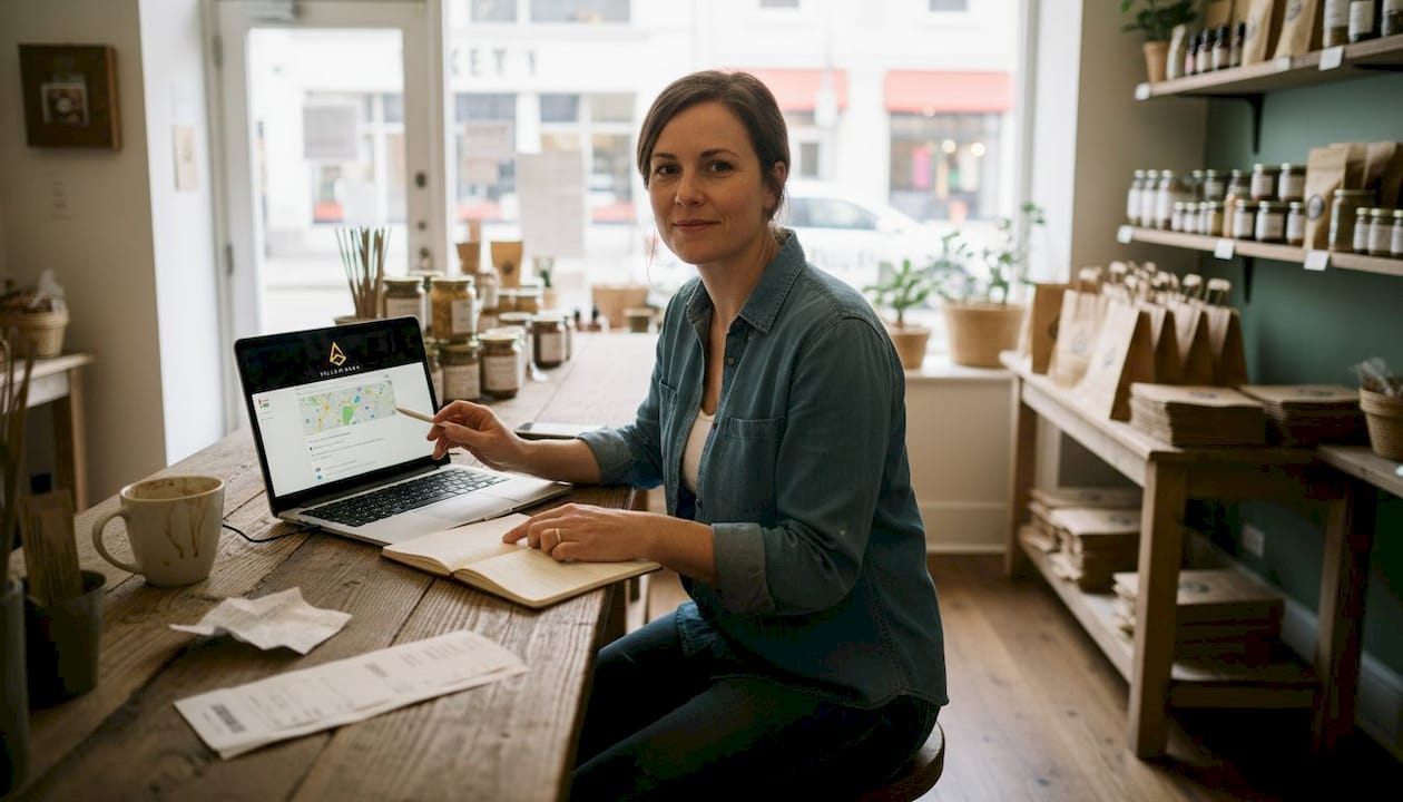 La propietaria de una tienda consulta Google Maps desde su portátil.