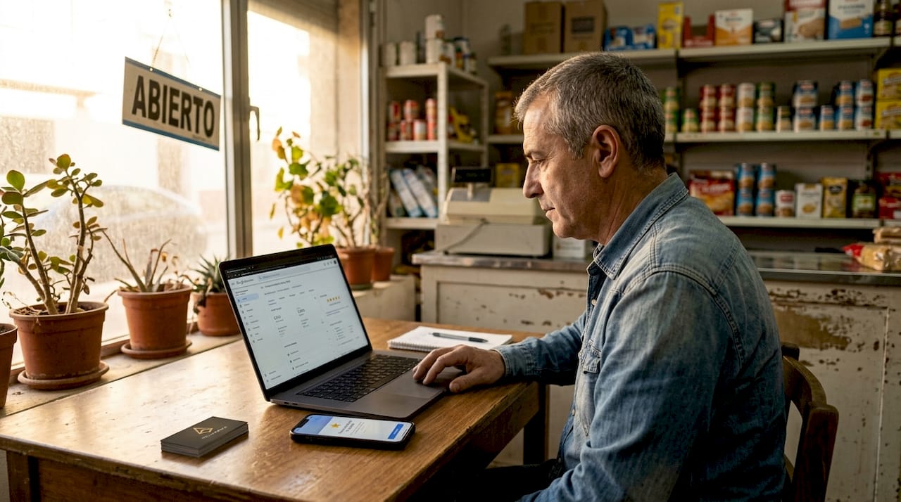 Propietario supervisando la presencia digital de su negocio